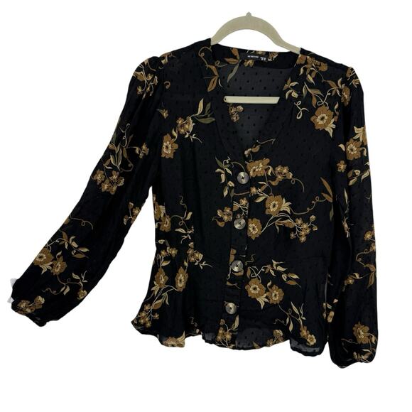 Reserved V neck Button up Top Wom size US Medium EU 38 Black Floral Long Sleeves - Picture 1 of 10